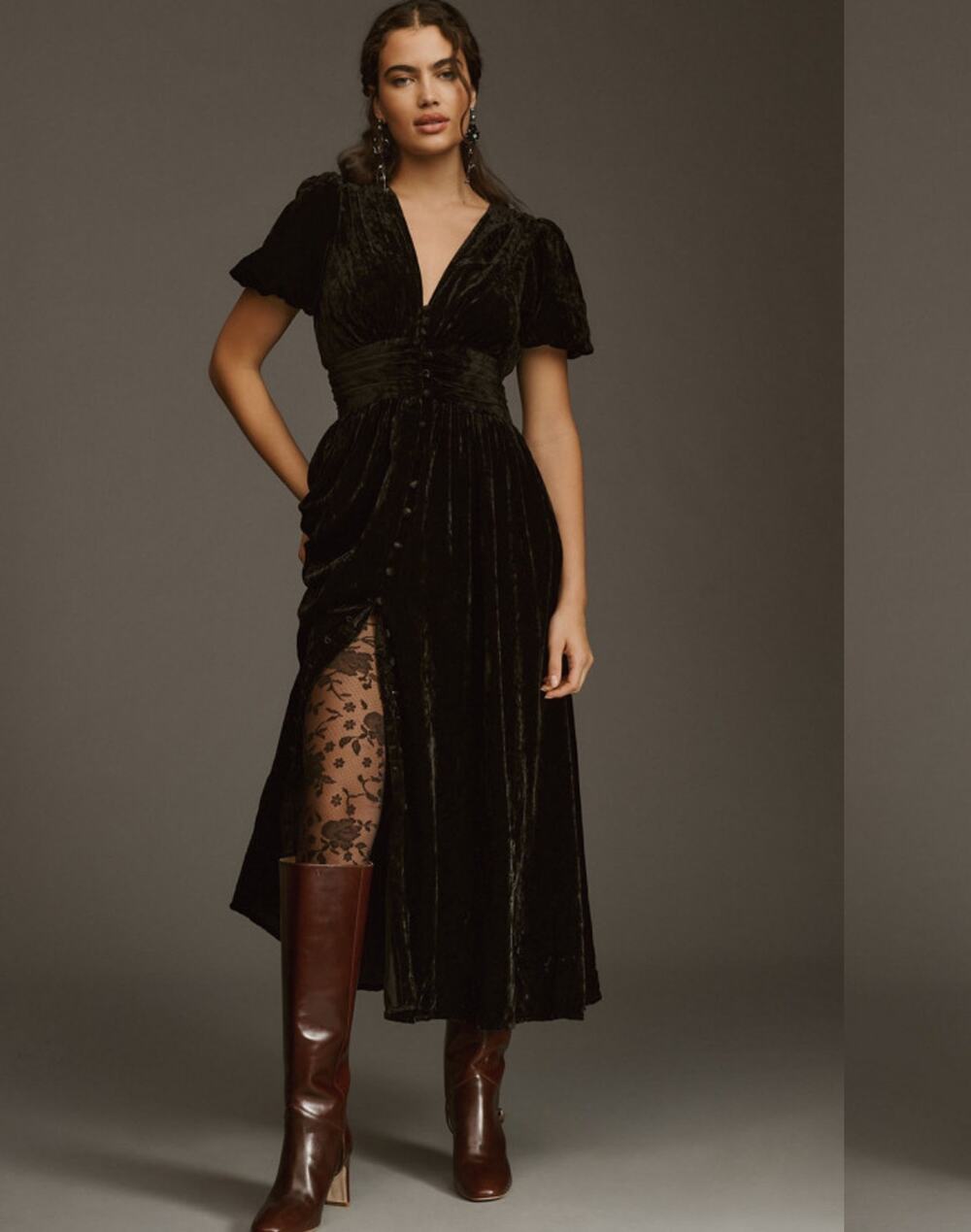 Anthropologie Katerina Button Front Black Velvet Dress Size 4